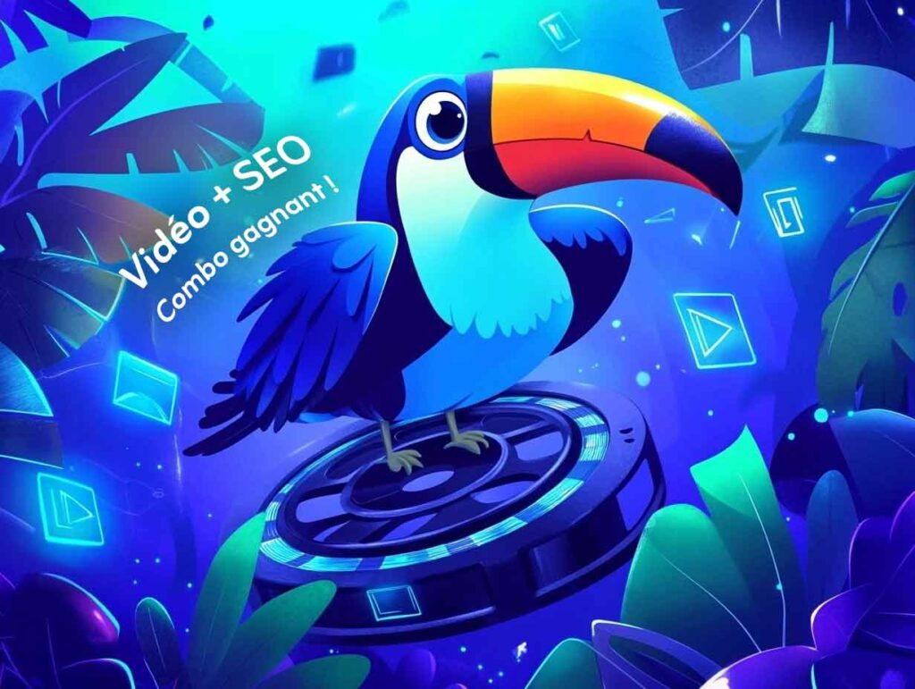 Illustration de toucan volant parmi des icônes représentant le SEO et la vidéo sur une bande vidéo. En plein milieu de la jungle digitale.