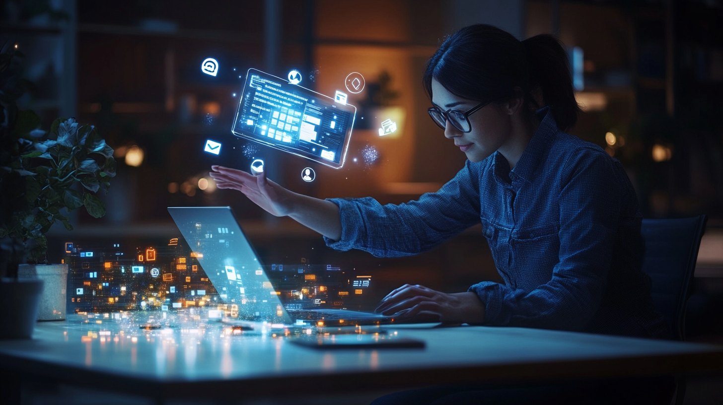 "Femme travaillant sur un ordinateur portable avec des éléments visuels de marketing digital holographiques sortant de l'écran, représentant la génération de leads et l'interaction technologique dans un environnement de bureau moderne